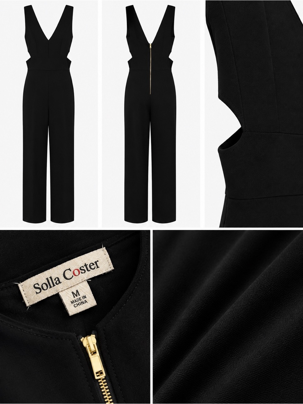 Solla Coster Black Cutout Wide-Leg Jumpsuit with Gold Zip